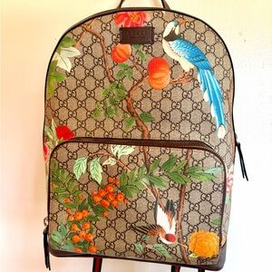 Gucci Beige GG Supreme Canvas Floral & Bird Print Backpack with Blue Accents
